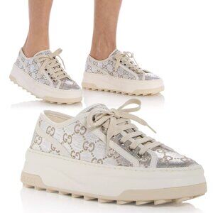 GUCCI SNEAKERS TENNIS TRECK GG METALLIC LOGO PLATFORM SHOES  sz 38.5 8.5